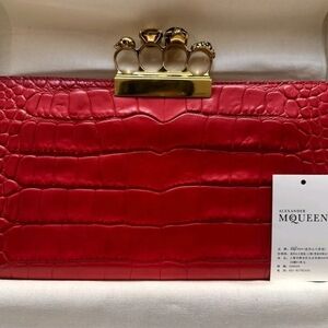Alexander McQueen Red Croc Embossed Leather Jeweled Skull Knuckle Clutch